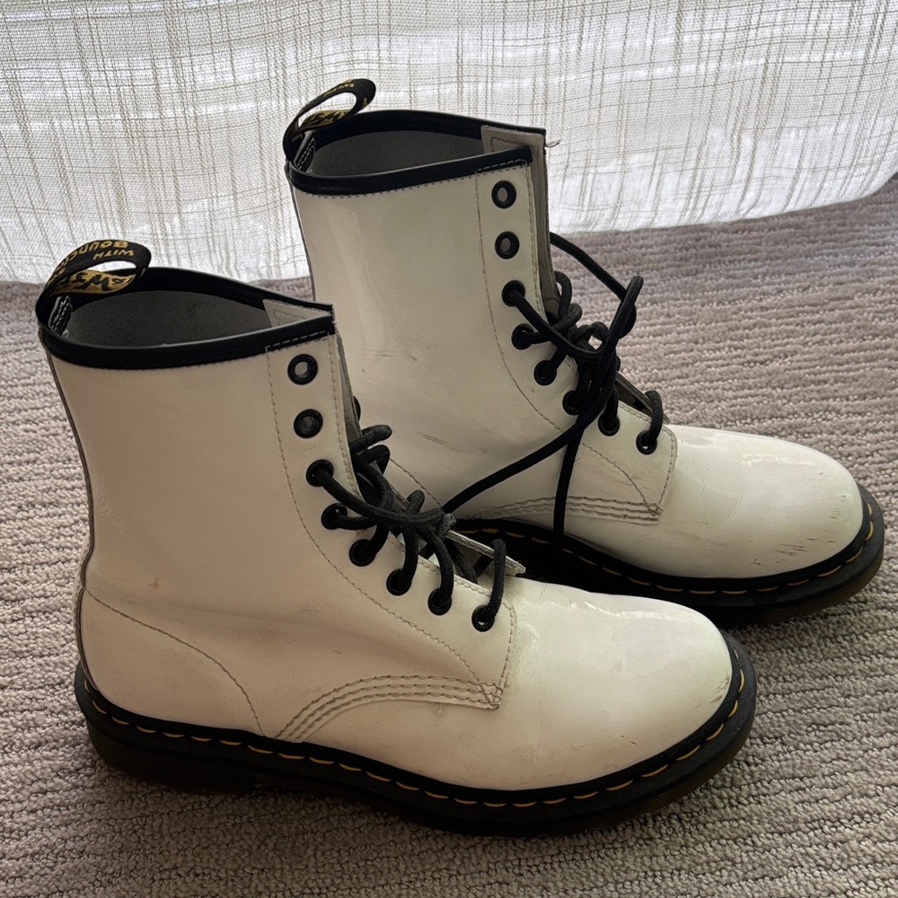White Lace-Up Dr. Martens Combat Boots with Black Trim